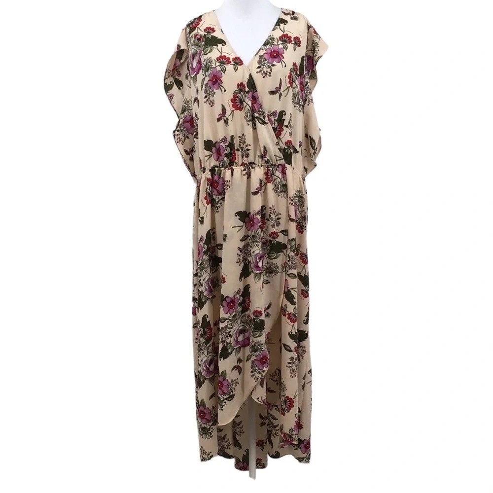 City Chic Lolita Cream Floral Faux Wrap Dress Womens Large‎ 20 High Low